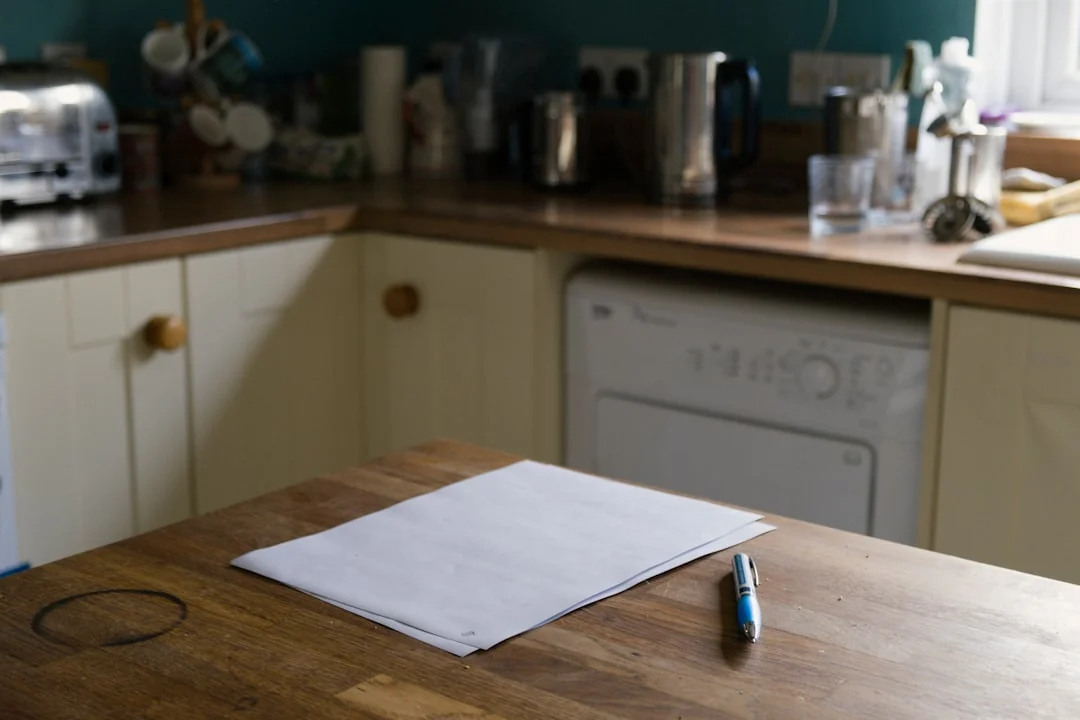 A person wipes a laptop screen using a blue cloth and spray bottle on a wooden table for hygiene.